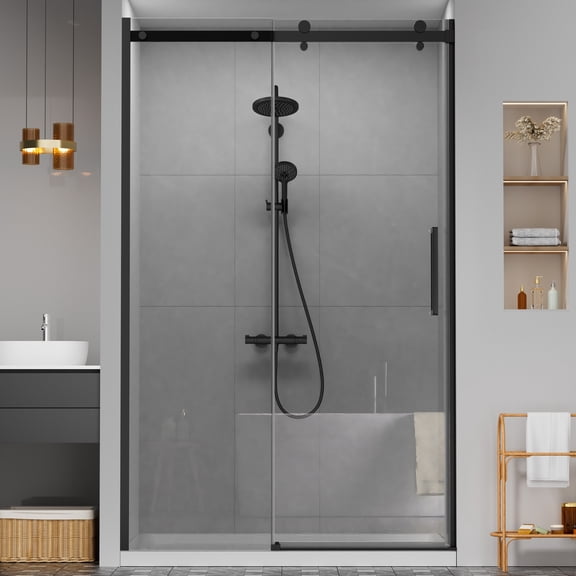 Hasipu 44-48" W x 76" H Shower Door, Frameless Single Sliding Shower Door with 5/16" (8mm) Crystal Clear Tempered Glass Door Bathroom Enclosure Matte Black