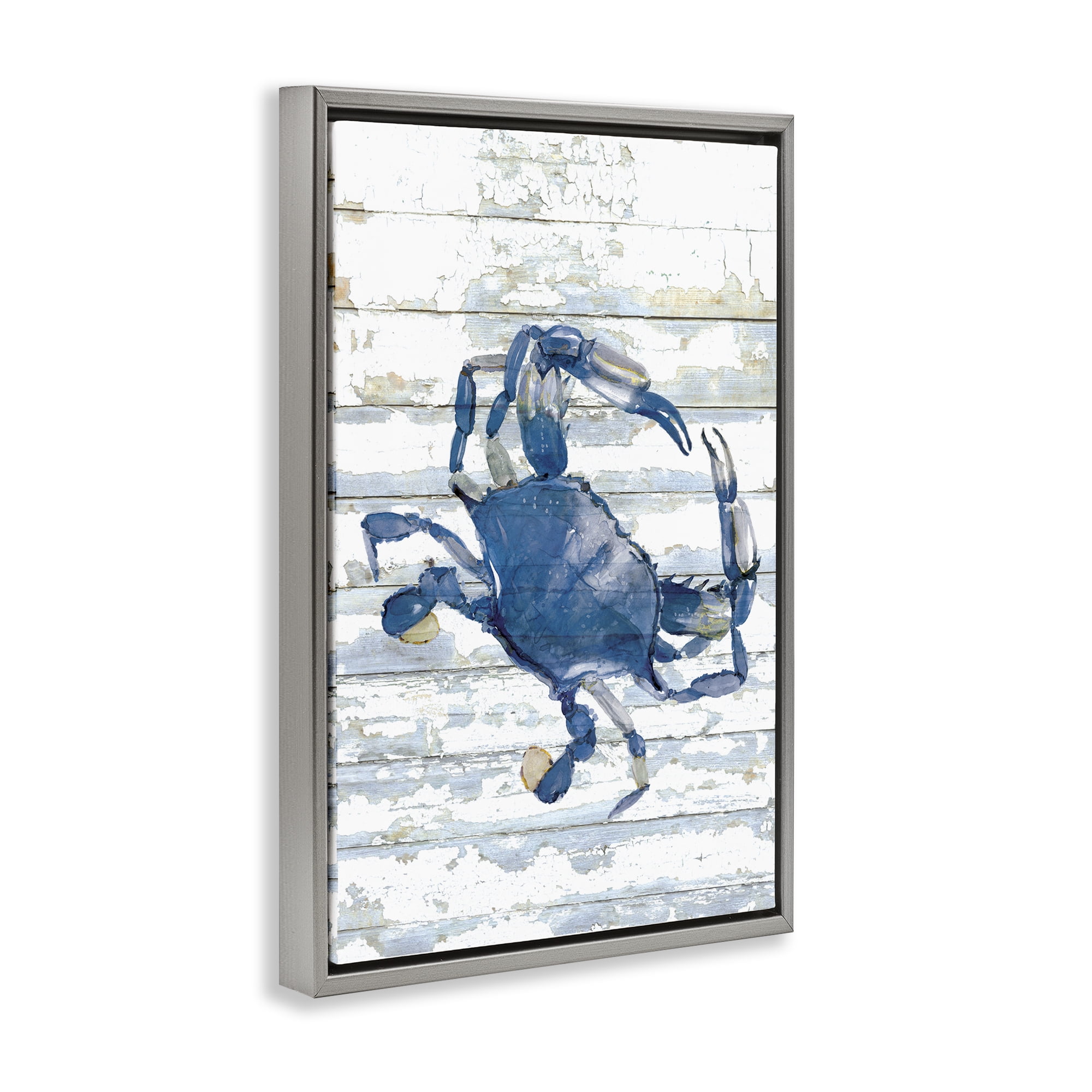 Stupell Industries Distressed Blue Ocean Crab Animals Painting Gray Floater Framed Canvas Art Print Wall Art, 21 x 31