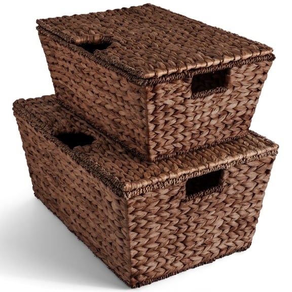 Best Choice Products Set of 2 X-Large & Medium Woven Storage Baskets W/Lids, Hyacinth Nesting Organizer Bins - Brown
