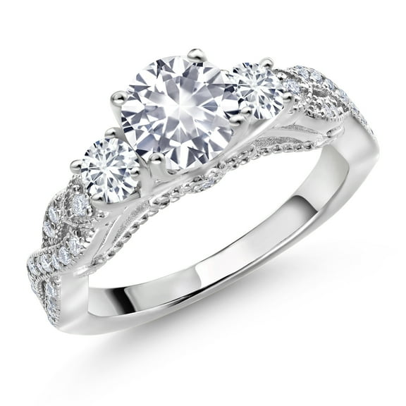 Gem Stone King 1.47 Cttw Created Sapphire Lab Grown Diamond and Moissanite Engagement Ring for Women | 925 Sterling Silver | Gemstone Birthstone | Round 6MM and 3MM | Size 5, 6, 7, 8, 9 | Size 5