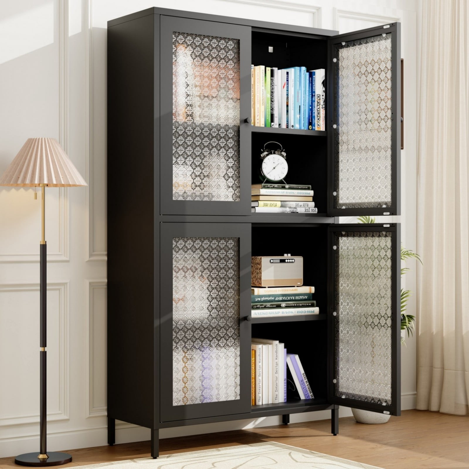 Metal Storage Display Cabinet with 4 Glass Doors, Freestanding Bookcase Side Cabinet with Adjustable Shelves, Black Steel & Tempered Glass Display Cabinet for Living Room, Office, Kitchen