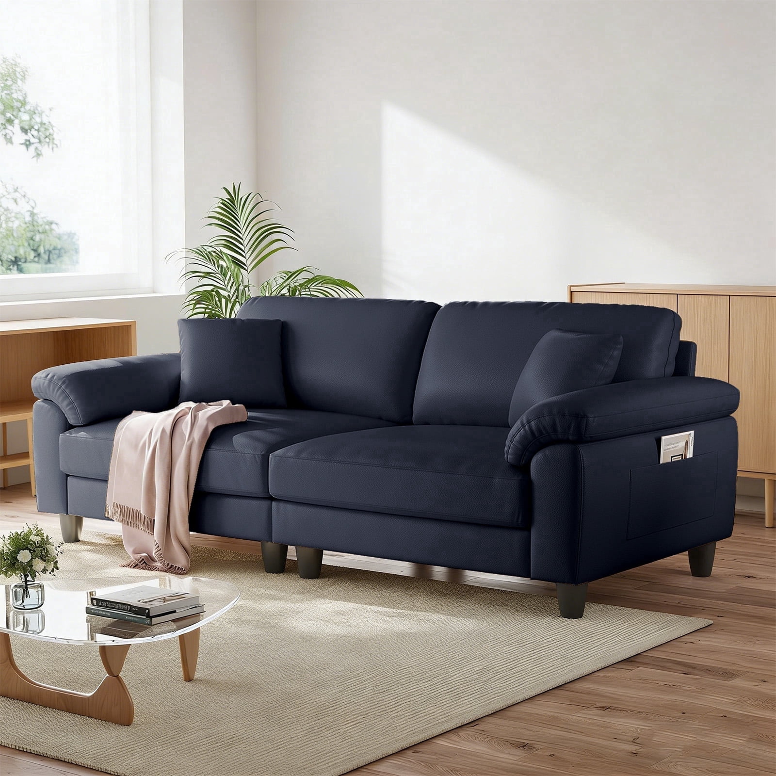 83" Couch Premium PU Leather Sofa, Deep Seat Oversized Loveseat for Living Room (Includes 2 Pillows), Navy