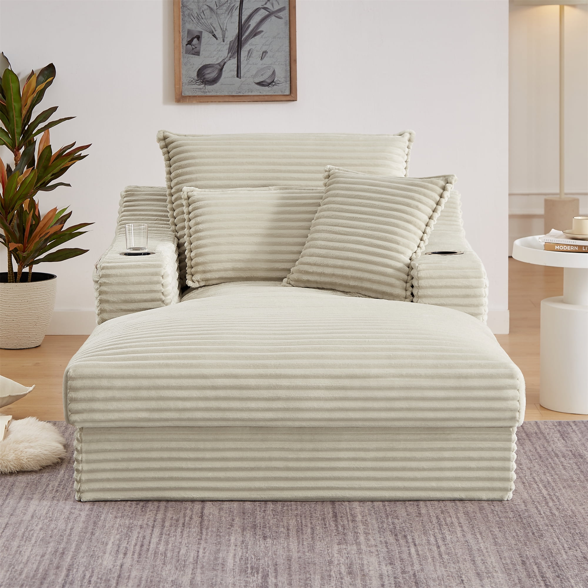 Aukfa 68" Oversized Chaise Lounge Boneless Couch with 2 Cup Holder&Side Pocket, 3Pillows, Corduroy, Camel