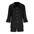 thumbnail image 4 of ShomPort Women's Cotton Linen 3/4 Sleeve Lapel Shirts Two Piece Work Set Elastic Waist Wide Leg Shorts with Pockets, 4 of 6