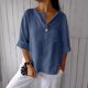 thumbnail image 5 of Vestidos Casuales Para Mujer, Blusas De Mujer De Moda Camisa de lino con cuello en V y bolsillo abotonado para mujer, informal, con escote en V de un cuarto, 5 of 6