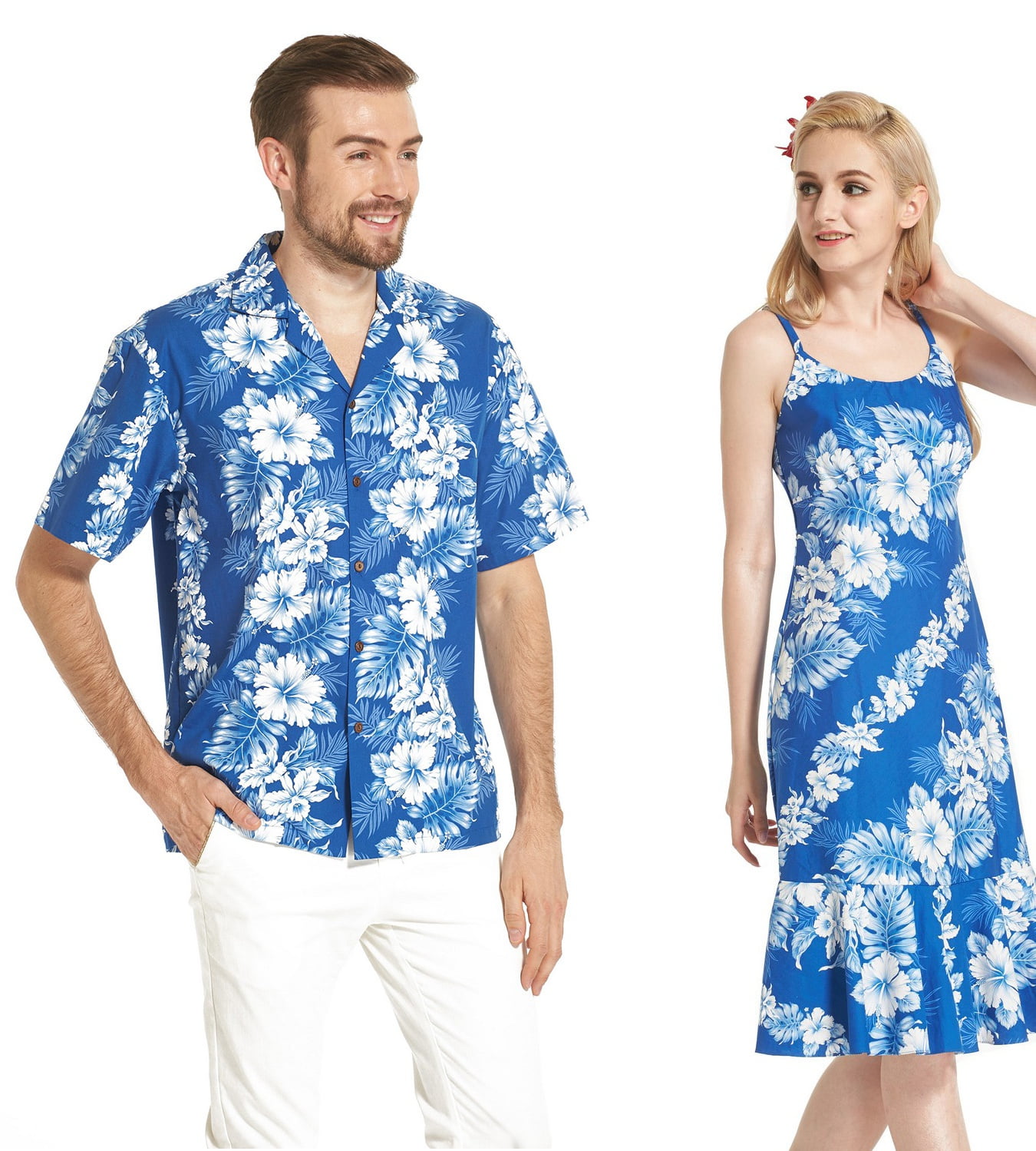 Hawaii Hangover Made In Hawaii Premium Couple Matching Luau Aloha Shirt Dress Floral Blue Line