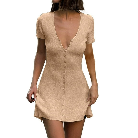 Comdrip Sleep Shirts for Women, Summer Solid Color French Street Buttoned Waist Cinching A Line Skirt Casual Knit Short Sleeve Dress for Trendy Women Night Gown Beige L