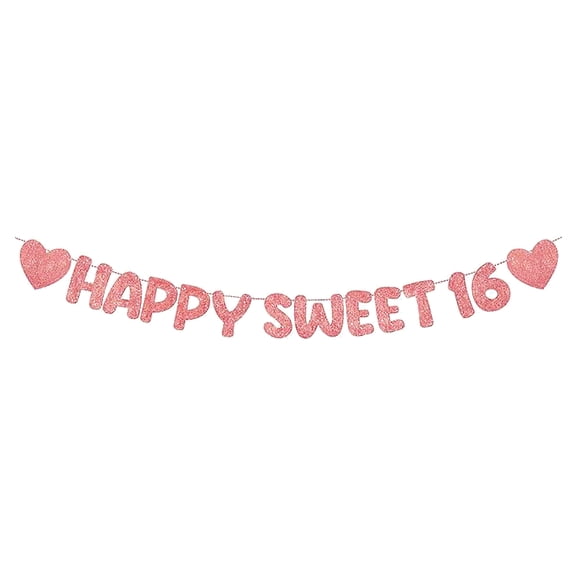Rose Gold Glitter Happy Sweet 16 Birthday Banner, Pre-Strung Glitter Happy 16 Birthday Party Sign for Sweet 16 Birthday Party Decorations