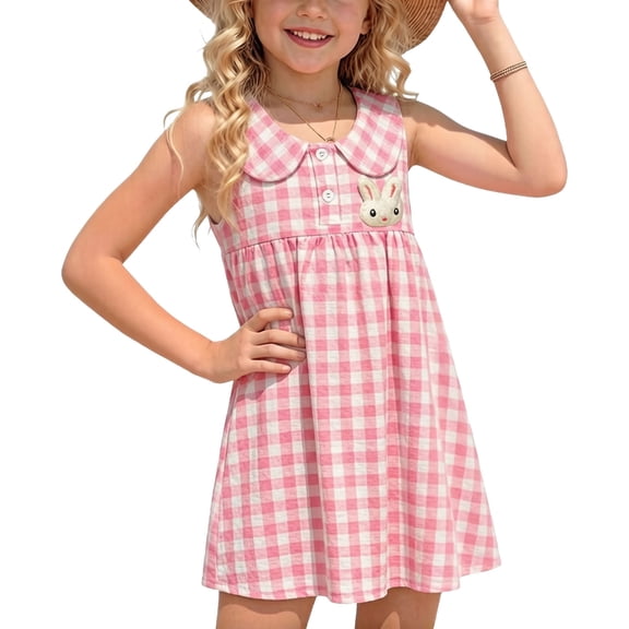 Spazoro Toddler Girls Midi Collared Dresses, Plaid Sleeveless A-Line Crew Neck Casual Summer Dresses for Girls Pink Size 5-6