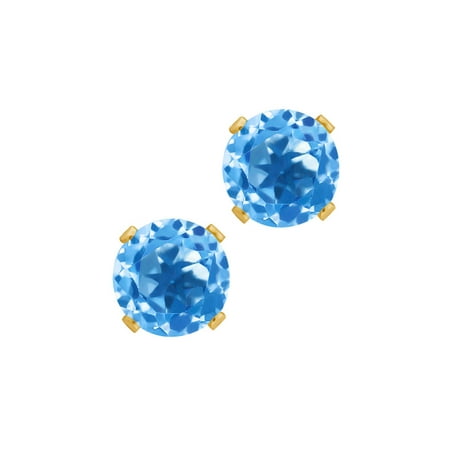 - 3.10 Ct Round Shape Swiss Blue Topaz Yellow Gold Plated Silver Stud Earrings