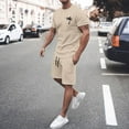 thumbnail image 2 of kamemir Summer Outfits for Men Mens 2 Pieces Summer Outfits Trendy Short Sleeve Crewneck T-shirt and Drawstring Shorts Set Big and Tall Casual Sport Suit(Khaki,XL), 2 of 5