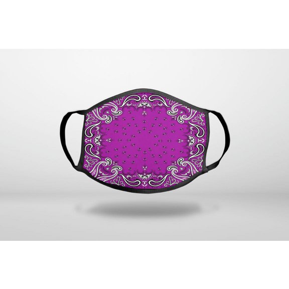 Bandana Print - Purple, Black, White - 3-Ply Reusable Soft Cloth Face Covering, Unisex, Cotton Inner Layer