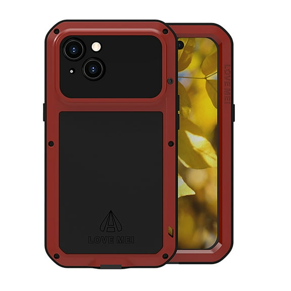 for iPhone 15 Plus Metal Silicone Case, Heavy Duty Shockproof Rugged Case with Built-in Glass Screen Protector, 360 Full Body Protective Tough Phone Cover for iPhone 15 Plus, Red