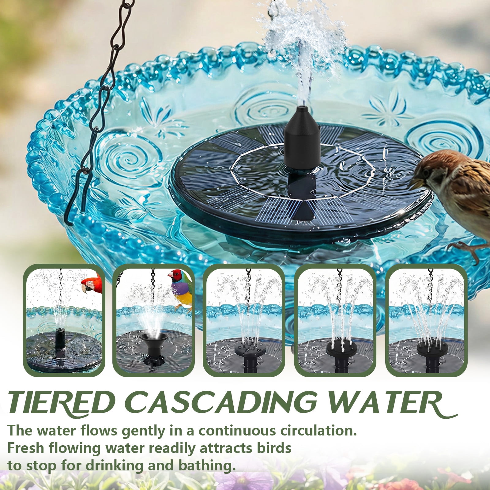 Threns Solar Cascade Hanging Bird Bath Fountain, Solar Powered Bird Bath Fountain, Hanging Birds Baths for Outdoors Garden Patio Backyard Lawn Decor