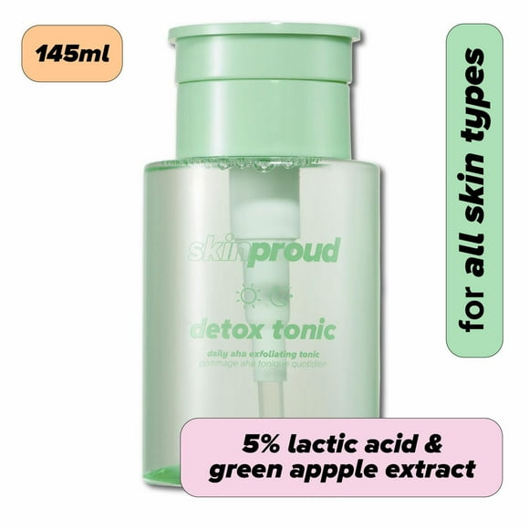 Skin Proud - Detox Tonic - Gommage Tonique Quotidien avec 5% d'acide Lactique & d'acide Glycolique, 100% Vegan (145ml) Tonique exfoliant quotidien