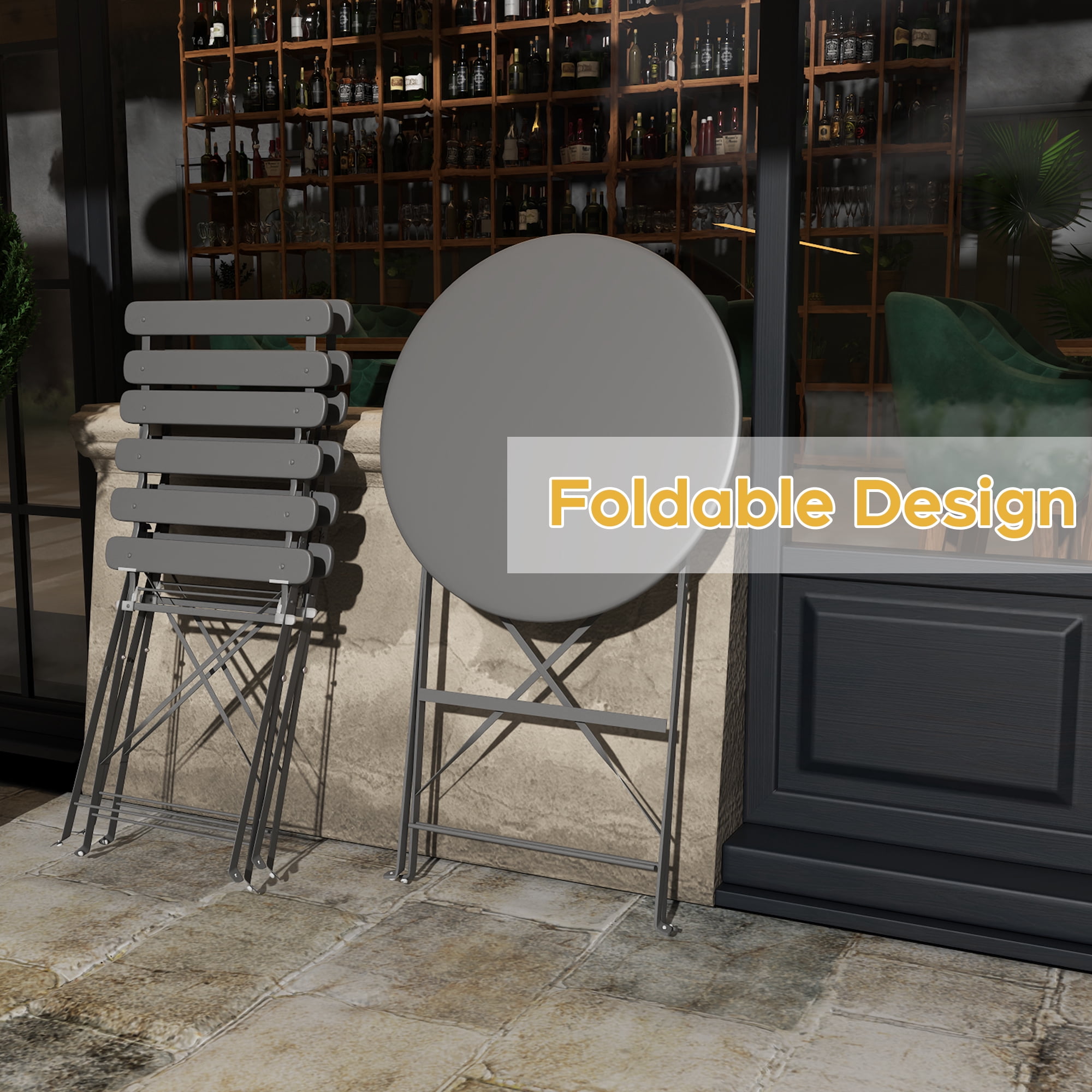 Set of 2 Table and Chairs, 3 Piece Outdoor/Indoor Folding Patio Bistro Sets, 2 Chair Patio Furniture Set with Table, Premium Frame Foldable Coffee Tables for Balcony, Yard, Garden, Grey