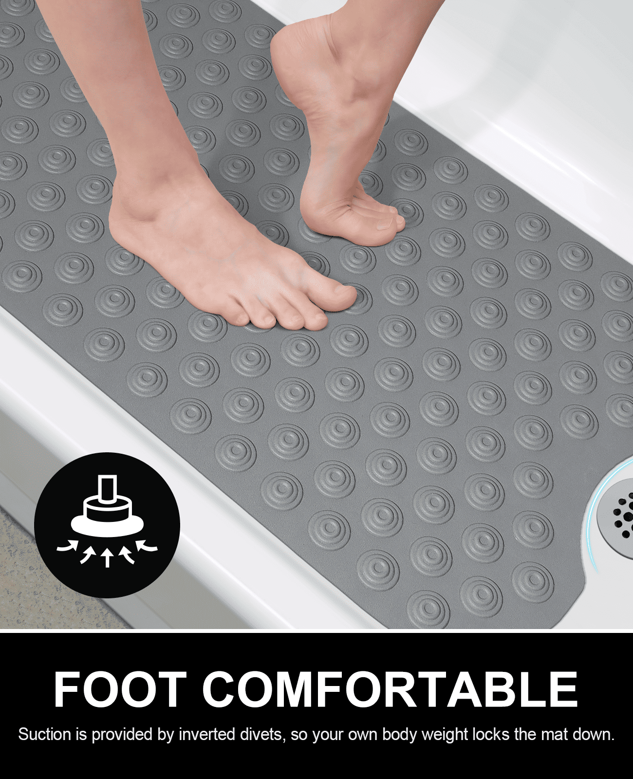 OTHWAY No Suction Cup Bath Mat: 39x16inch Extra Long Bathmat, Machine Washable, Made of Nature Rubber, Protect Your Bathtub (Dark Gray)