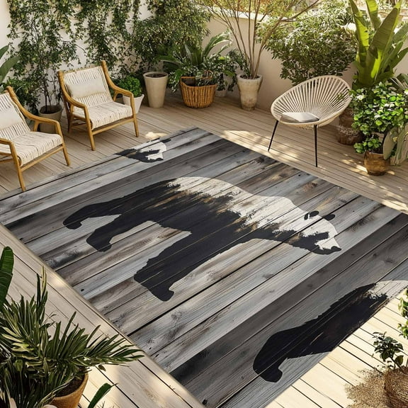 Fsddascl White Brown Bear Outdoor Rug for Patio/Deck/Porch, Non-Slip Large Area Rug 5 x 8 Ft, Retro Farmhouse Country Rustic Wood Grain Indoor Outdoor Rugs Washable Area Rugs, Camping Rug Carpet