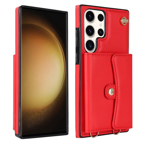 SaniMore Case for Samsung Galaxy S23 Ultra 6.8" 2023, RFID Blocking Card Slots Crossbody/Wrist Strap Wear-resistant PU Leather Skin Shockproof Anti-drop TPU Shell for Girls Women, Red