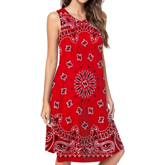 Bandana - Red Art Spring Summer Dresses For Women Fashion Dress Casual Sleeveless Loose Sundress With Pockets