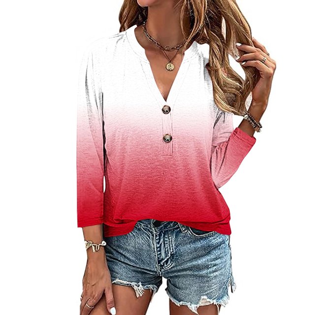 AOOCHASLIY Ladies' Clothes Clearances Womens 3/4 Sleeve V Neck Buttons Tee Gradient Color Blouse Loose Fit Tshirts Fall Tunic