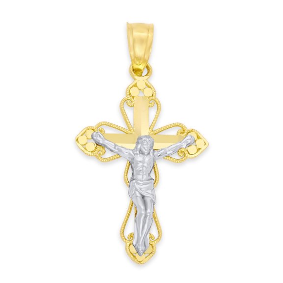 Solid 10k Two-Tone Gold Crucifix Pendant Necklace, Religious Jewelry Gifts for Women
