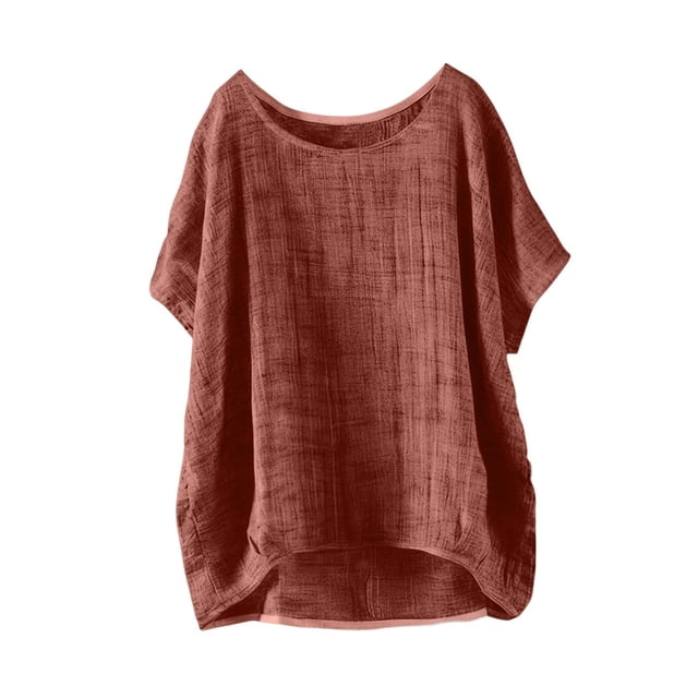Zpanxa Chemises Fille Ado Couleur Unie Coton Lin Col Rond Manches Courtes Haut Coton Lin 5-6 Ans