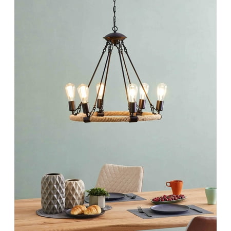 Black Painted Metal - BELLEZE Vintage Black Painted Metal & Linen Rope Chandeliers Pendant Lighting with 6-Lights