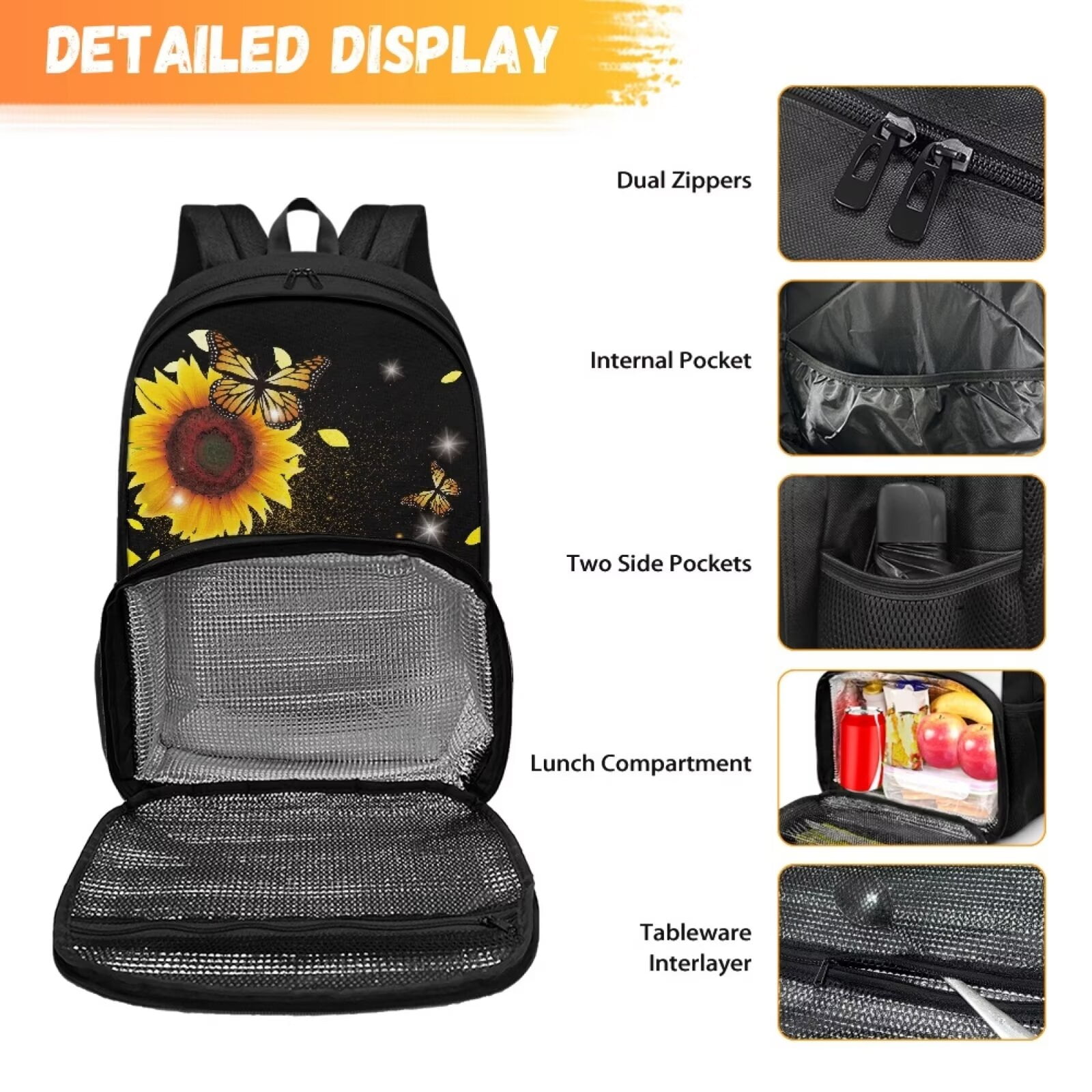 FOR U DESIGNS Sunflowers Butterfly Backpack with Lunch Compartment Teens Middle High School Shoulder School Bag Elementary Travelling Purse Daypack for Women