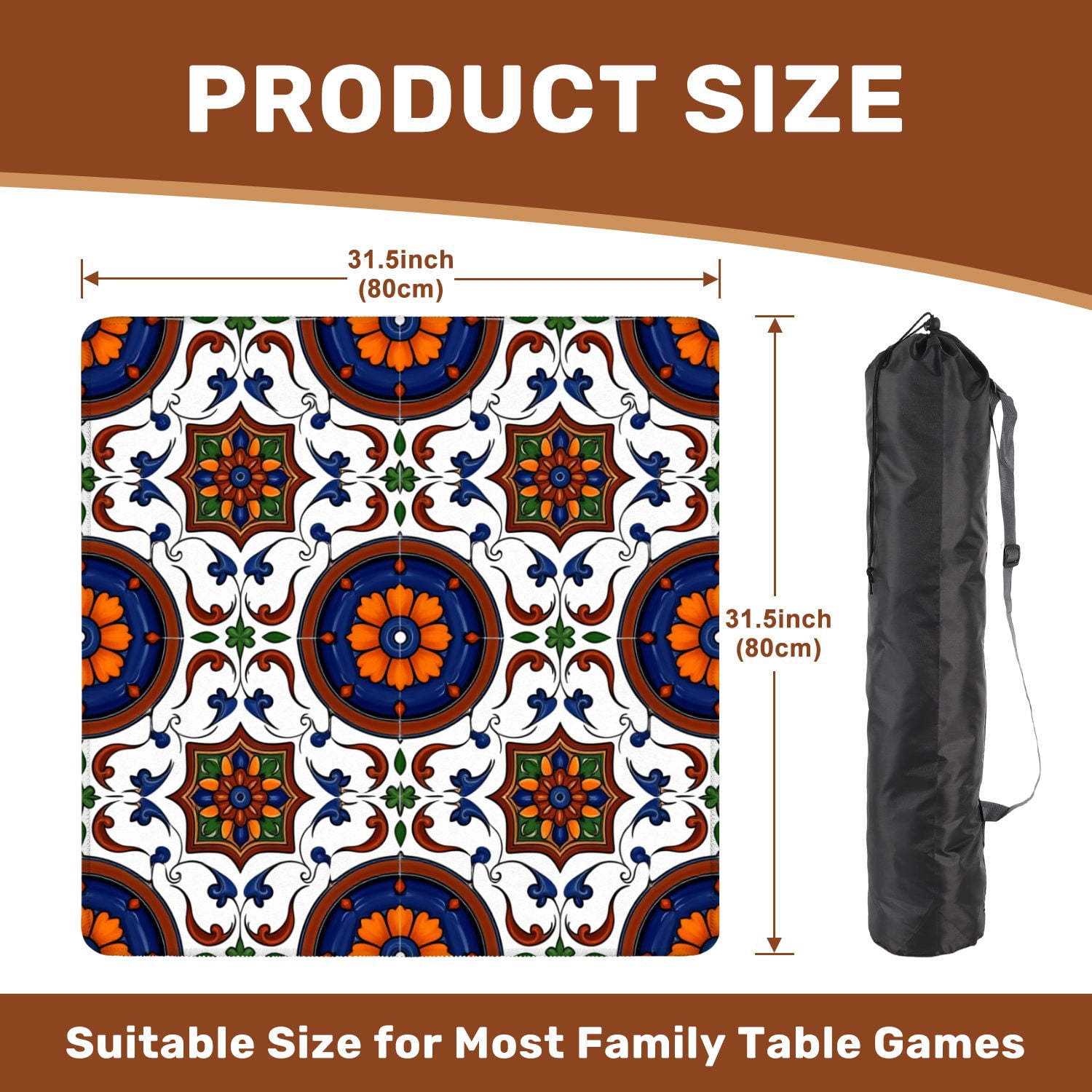 Mahjong Mat 31.5" x 31.5" Colorful Ceramic Tile Floral Ornamental Details Non-Slip Noise Reduction American Mahjong Tiles Table Cover for Dominoes Poker Card Board Games Gift