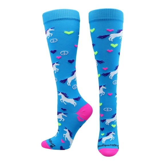 Peace Love Unicorn Over the Calf Socks (Electric Blue/Neon Pink, Medium)
