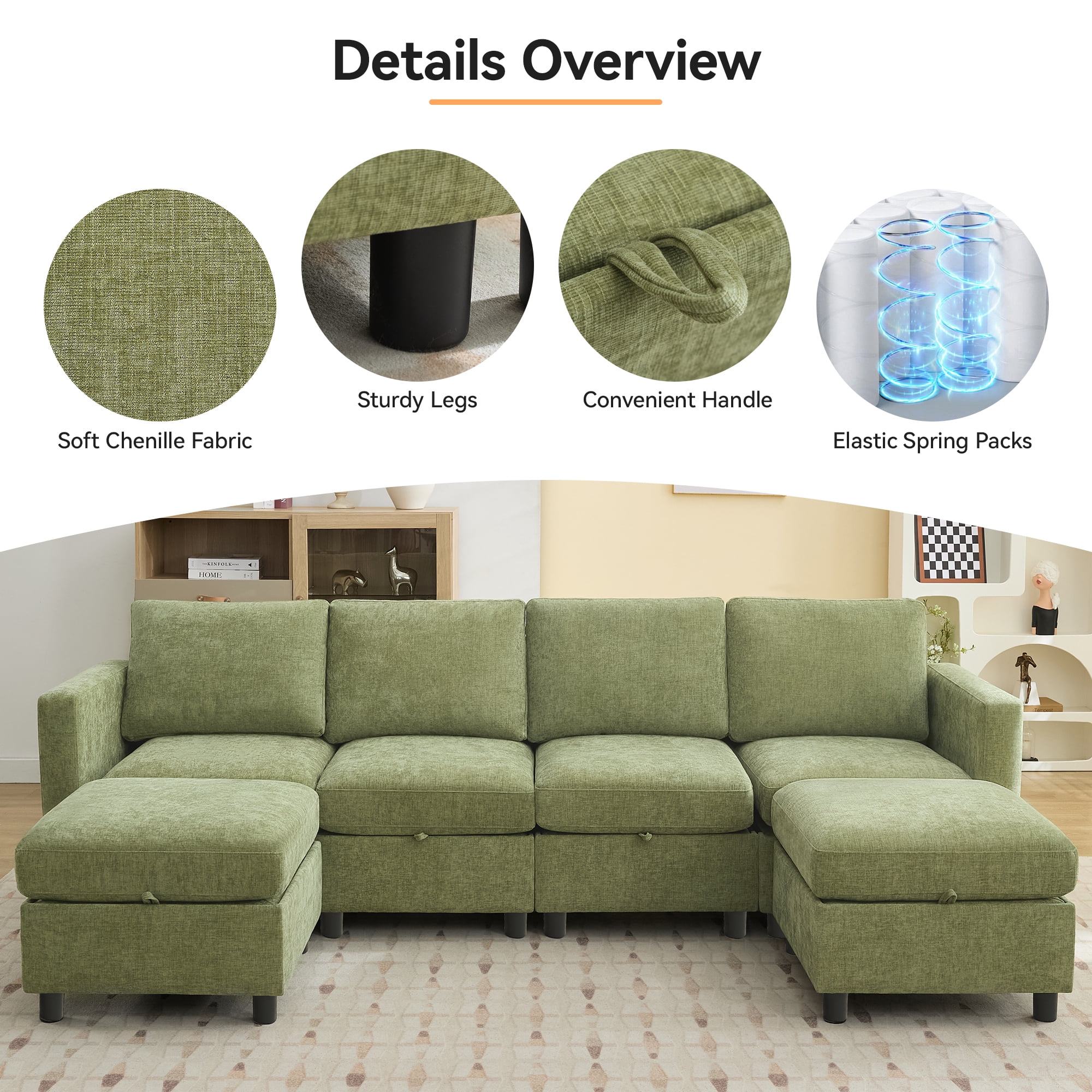 Middle Seat Module for Modular Sectional Couch Sofa, Living Room Accent Armless Sofa Chair with Storage & Pillow, Modern Side Sectional Middle Unit, Chenille Green