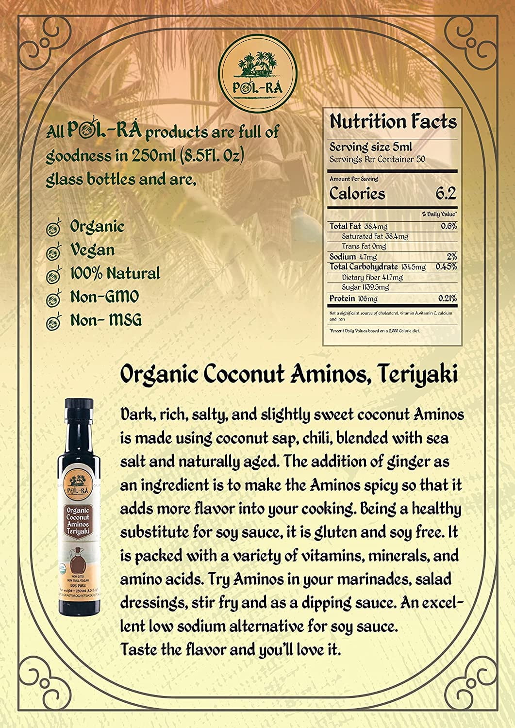 P L-RA  Organic Coconut Aminos Sauce Teriyaki - Soy Sauce Alternative - Vegan, Paleo & Keto - Soy Free - Low Glycemic, Low Sodium - Marinade Substitute - Gluten Free - Kosher - 8.5 oz - Pack of 4