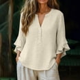 thumbnail image 6 of NSLGXD Plus Size Linen Blouses for Women Dressy Casual Button V Neck 3/4 Ruffle Sleeve Work Tops Loose Fit Ladies Tee Shirts Yellow Blouses,Size S-3XL, 6 of 9