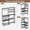 thumbnail image 4 of L-Shaped Bakers Rack with Power Outlet, 6-Tier Microwave Stand with Open Storage, Coffee Bar with Hooks, Mesh Grid, Kitchen Shelf with Wire Basket, Black, 4 of 14