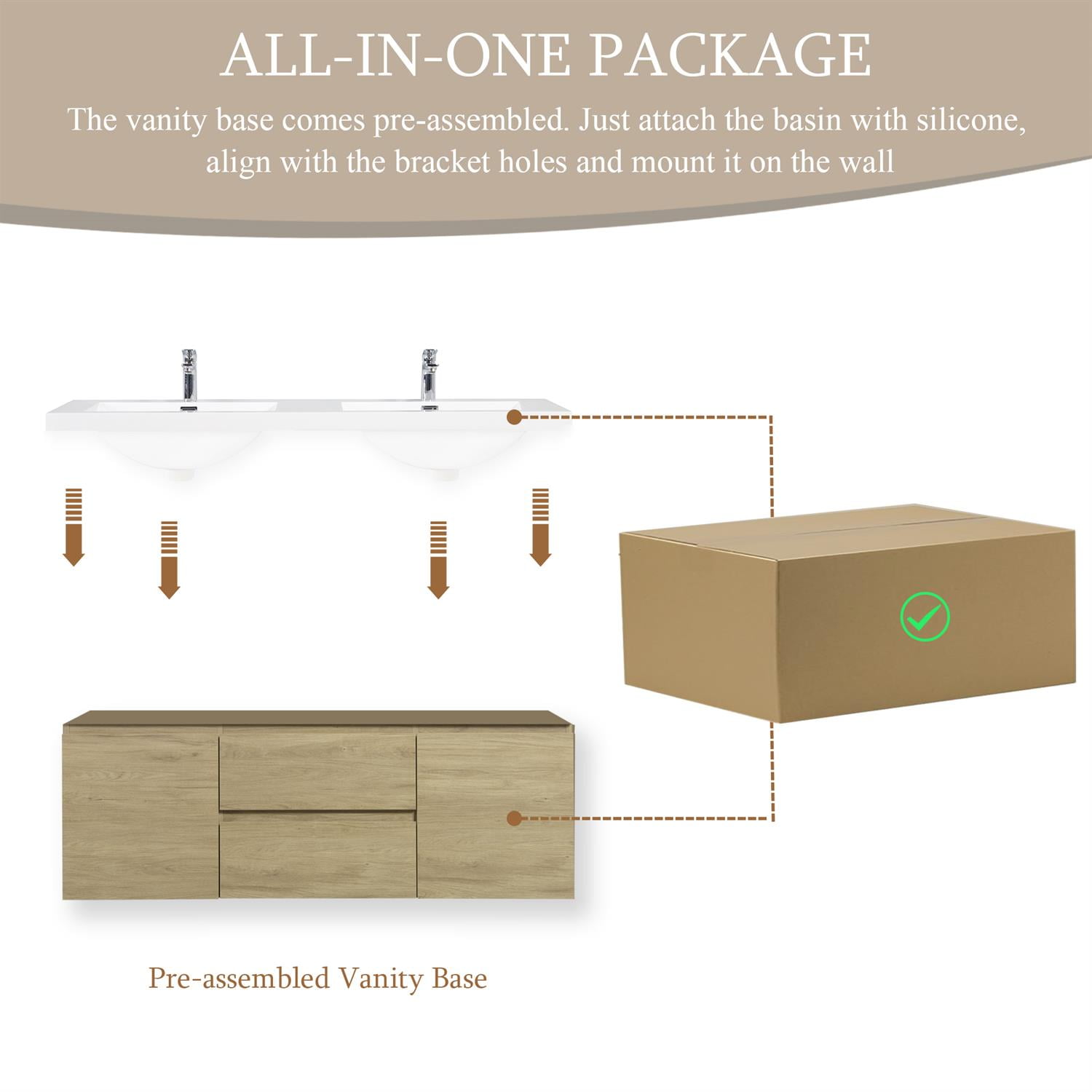 Demi Bonn 60" Floating Bathroom Vanity with Sink, Double Resin Top Basin and 2 Soft Close Drawers, 2 Storage Cabinet, Faucets and Drains Not Included, Brown