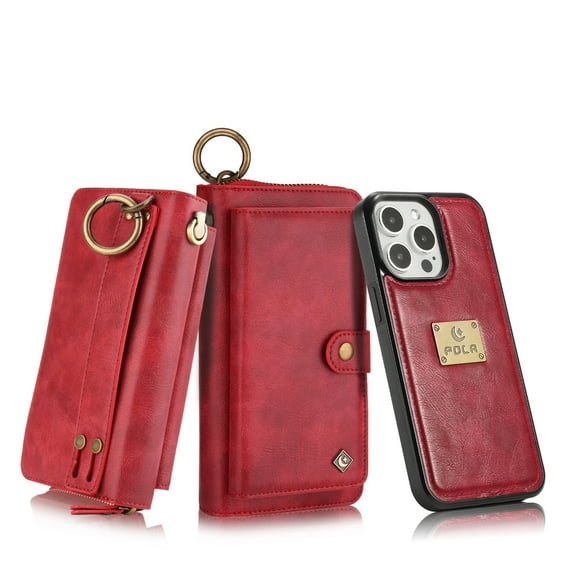 Dteck for iPhone 16 Case Wallet with 14-Card Holder Soft PU Leather Handbag Purse with Metal Clip, Zipper Pocket Wallet with Detachable Phone Case for iPhone 16,Red