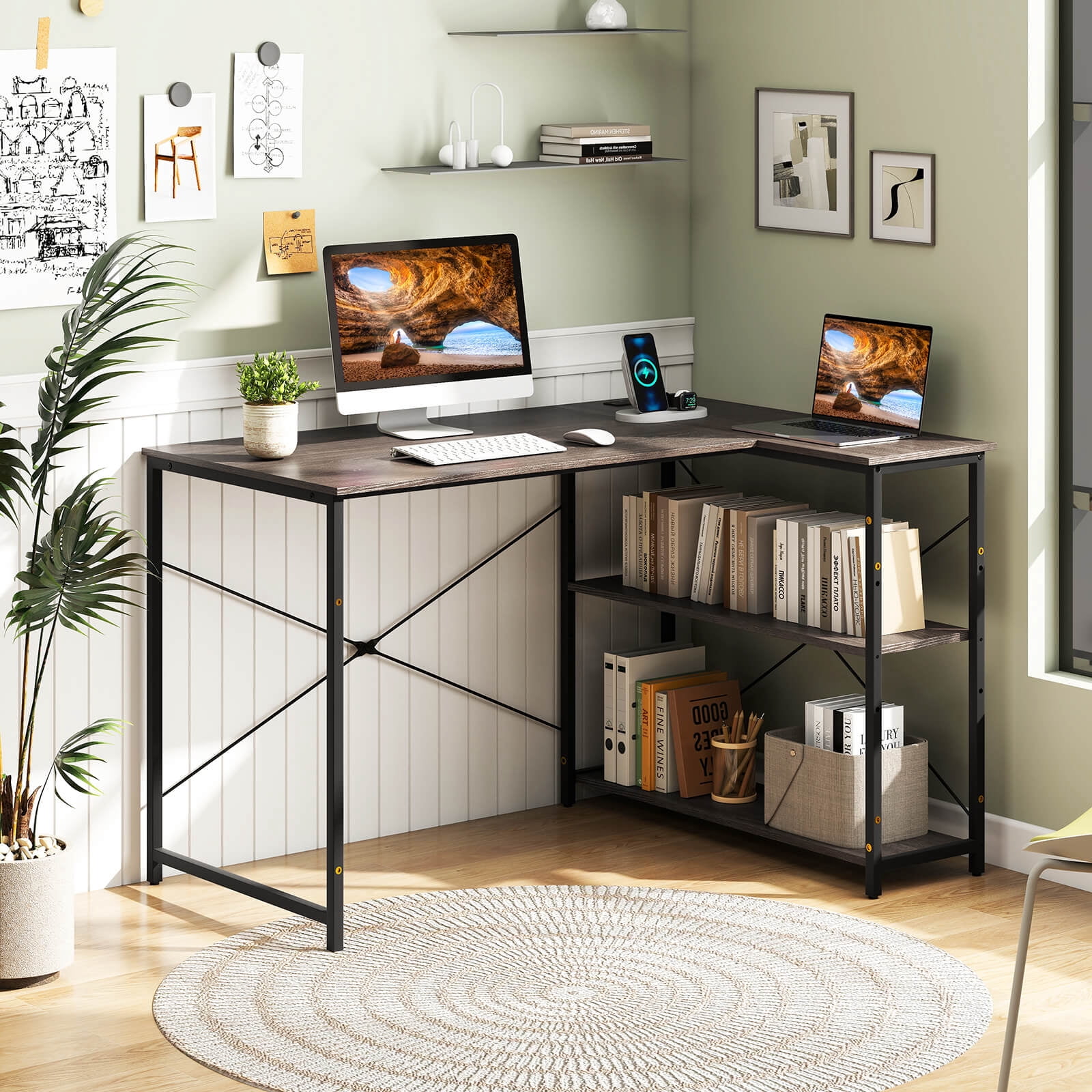 Costway 47" Reversible Corner Desk with Power Outlet Adjustable Side Storage Shelves Gray