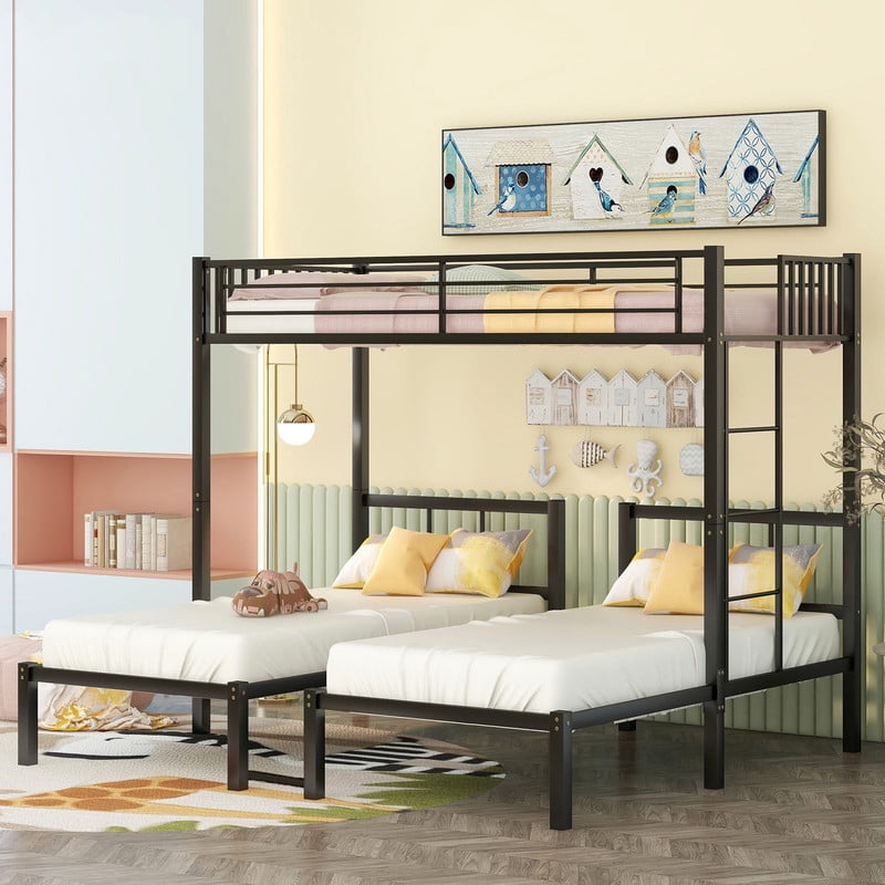 Metal Twin Triple Bunk Bed, Twin over Twin over Twin Bunk Bed for 3, Noise Reduced Structure, Separates Into 3 Twin Beds, Black