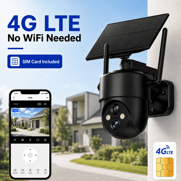 C12BG 4G LTE Solar Cellular Security Camera, Black, 2K 3MP PTZ No WiFi Outdoor Camera with 5W Camera-Mount Solar Panel, AI PIR Human Detection, Color Night Vision