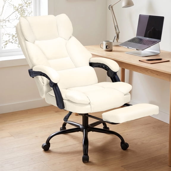 600lbs Big and Tall Executive Office Chair, Reclining Heavy Duty PU Leather Computer Desk Chair with Spring Cushion, Ergonomic High Back Work Chair with Lumbar Support & Adjustable Armrests, Beige