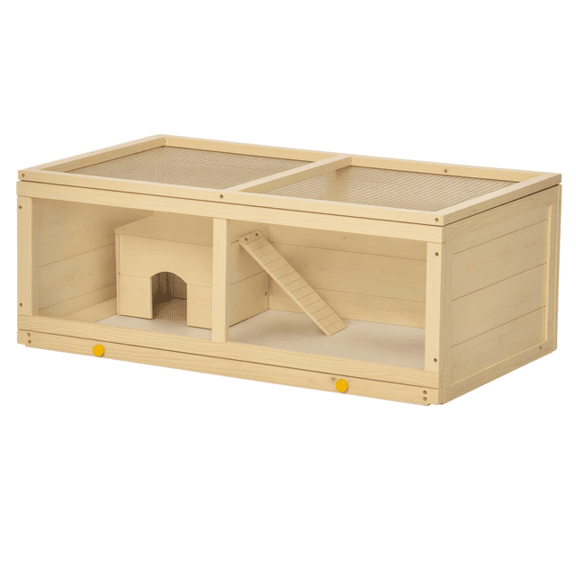 PawHut Wooden Hamster Cage w/ Sliding Tray for Gerbils, Natural Wood