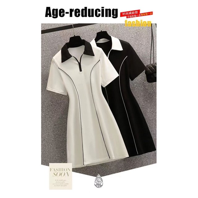 Grande Fille Nouvelle Robe à Col Mode Femme Taille Serrée Style Mince Manches Courtes Décontractée Mi-Jupe Tendance