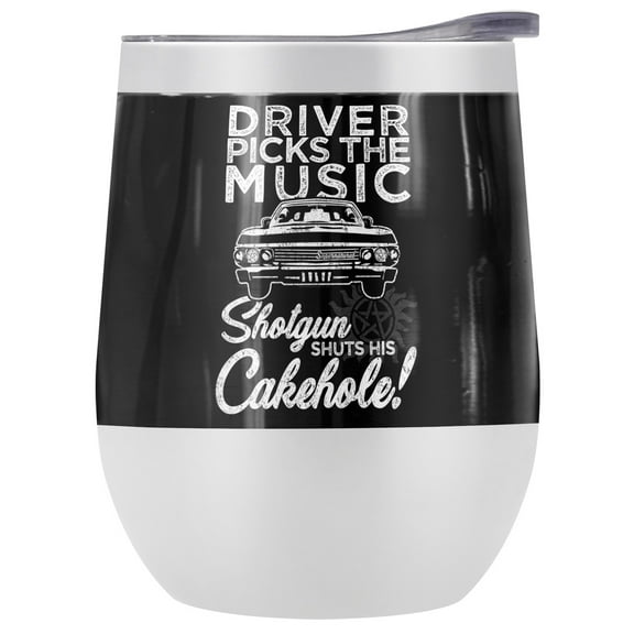 Supernatural Official Driver Picks Music 12 OZ Stemless Wine Tumbler, Stainless Steel Travel Cup|Lake Tumbler|Insulated with Leak Resistant Slide-Lock Lid, White