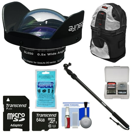 Single Pole Rolling Backpack - SeaLife SL050 0.5x Wide Angle Dome Lens for DC2000 Camera with Adapter Ring + 64GB Card + Underwater Monopod Extension Pole + Backpack Case + Kit