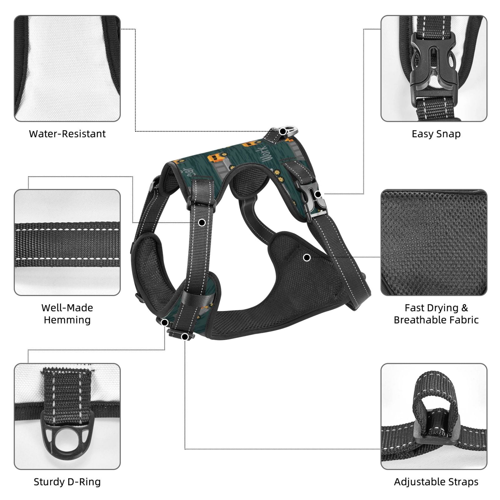 Fuzoiu Big Machine Print Reflective Dog Harness,Adjustable, Breathable Pet Vest,Dog Harness No Pull,No Choke Pet Vest for Small, Medium, and Large Dogs-Small