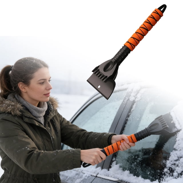 BotaniNest Heavy Duty Brush And Ice Scraper With Extendable Telescoping Handle For Windshield Windows Winter Cleaning