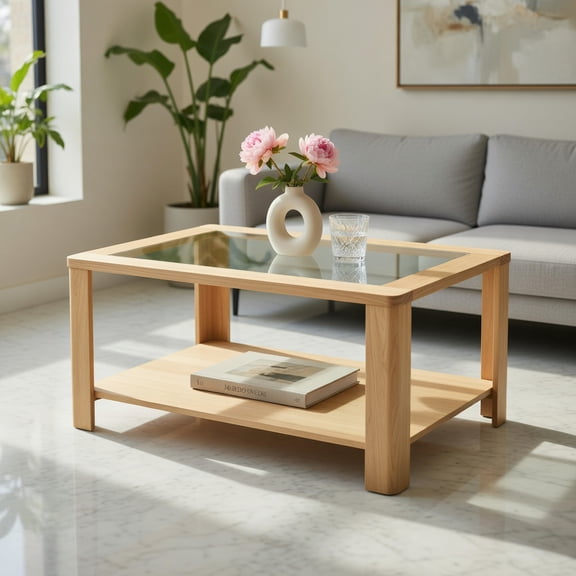 Topcobe 2-Tier Coffee Table Rectangular Center Table with Tempered Glass Tabletop and Storage Shelf, Modern Furniture for Living Room Bedroom-Natural
