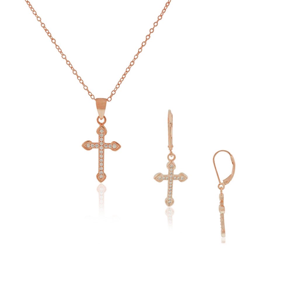 925 Sterling Silver Rose Gold-Tone CZ Religious Cross Pendant Dangle Drop Earrings Set, 18" and 1"