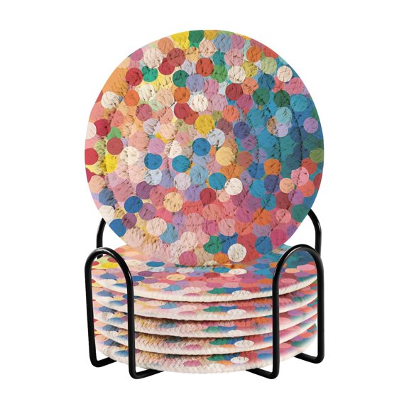 Yayeee 6 PCS Drink Coasters with Holder Set Woven Absorbent Round Tabletop Hot Pad, Light Colorful Circles